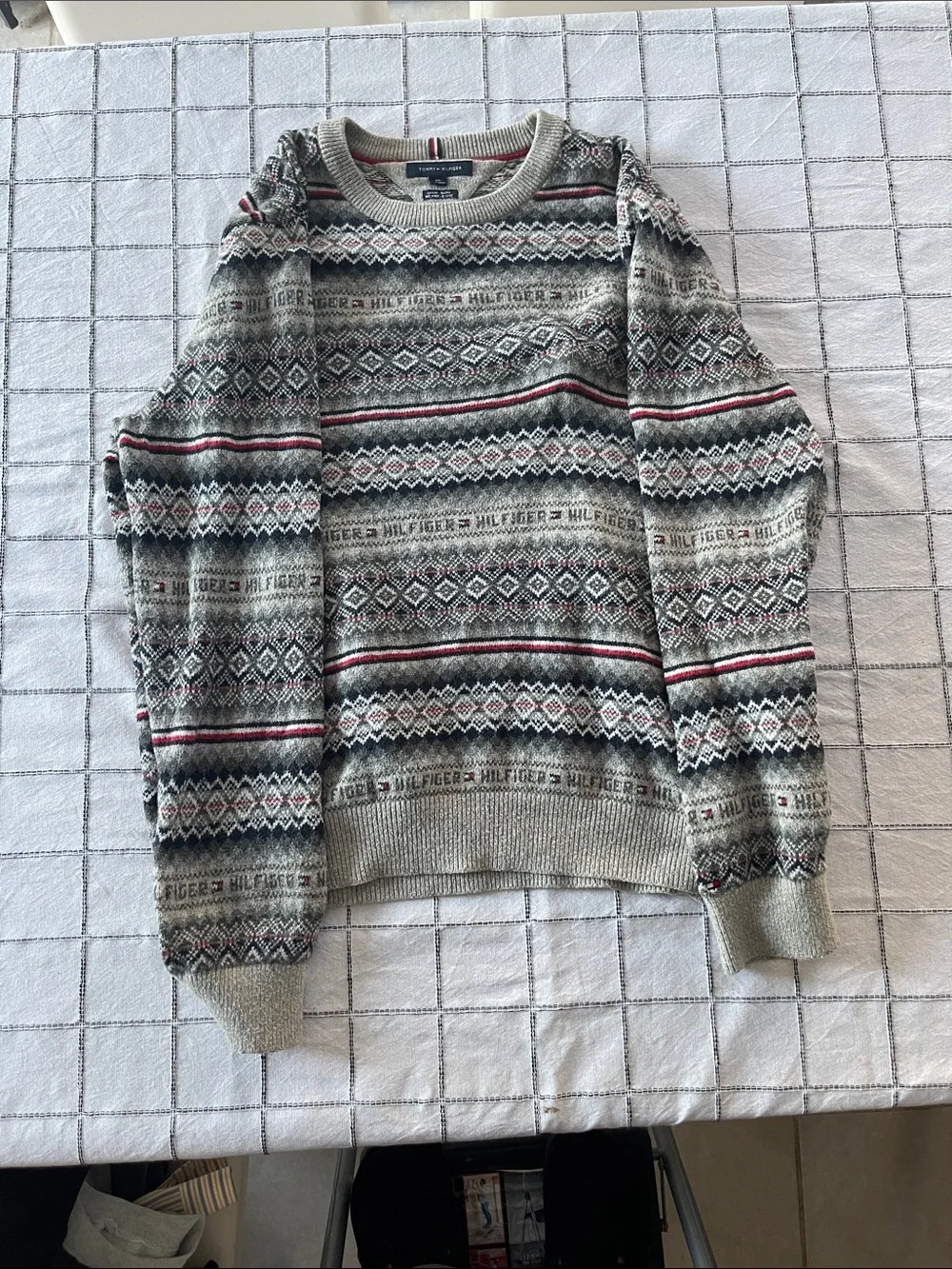 Tommy Hilfiger Gray Crewneck Fair Isle Sweater with Red & Black Accents